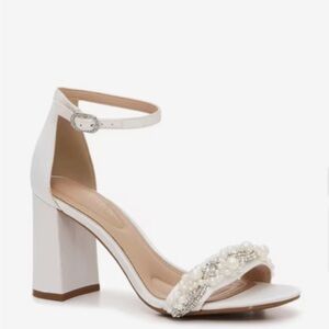 Kelly & Katie White Pearl-Embellished Block Bridal Heels